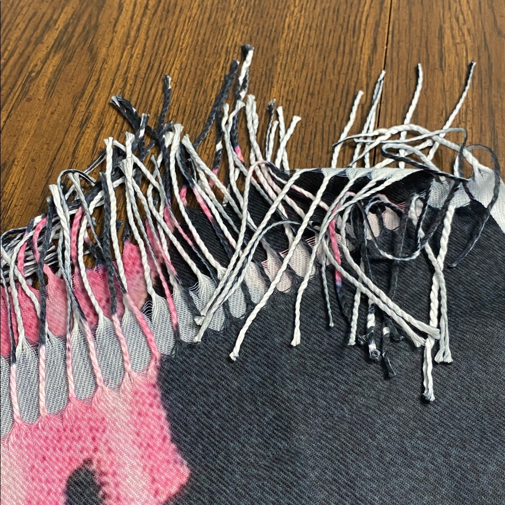 “5/$20” black with pink dinosaurs and fringe shawl or scarf - Picture 3 of 3
